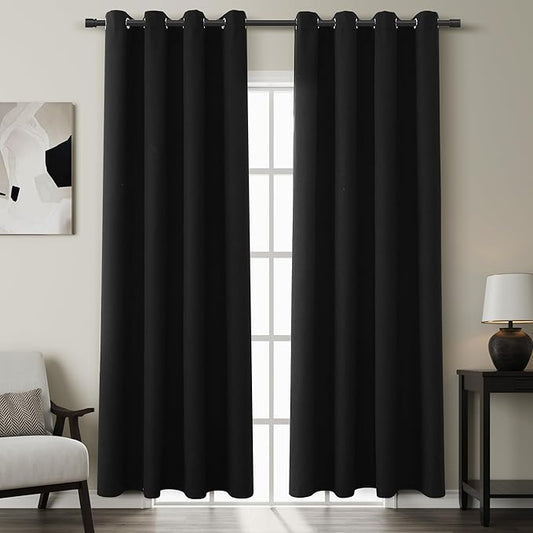 100% Blackout Linen Curtains for Bedroom Thermal Insulated Grommet Complete Blackout Drapes 80 Inch Length 2 Panels Set Heat and Full Light Blocking Living Room Darkening Curtains Black