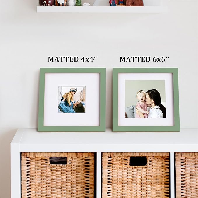 Egofine 8x8 Picture Frames 4PCS, Made of Solid Wood Covered by Plexiglass Display 4x4/6x6 with Mat or 8x8 without Mat, for Table Top Display and Wall Mounting Photo Frame, Green