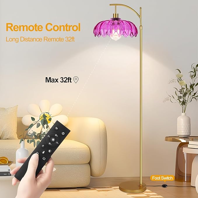 Vintage Floor Lamps for Living Room Arc Floor Lamp with Remote Control & Glass Lampshade,Mid Century Modern Standing Lamp Gold Tall Flower Lamp for Bedroom Living Room Corner