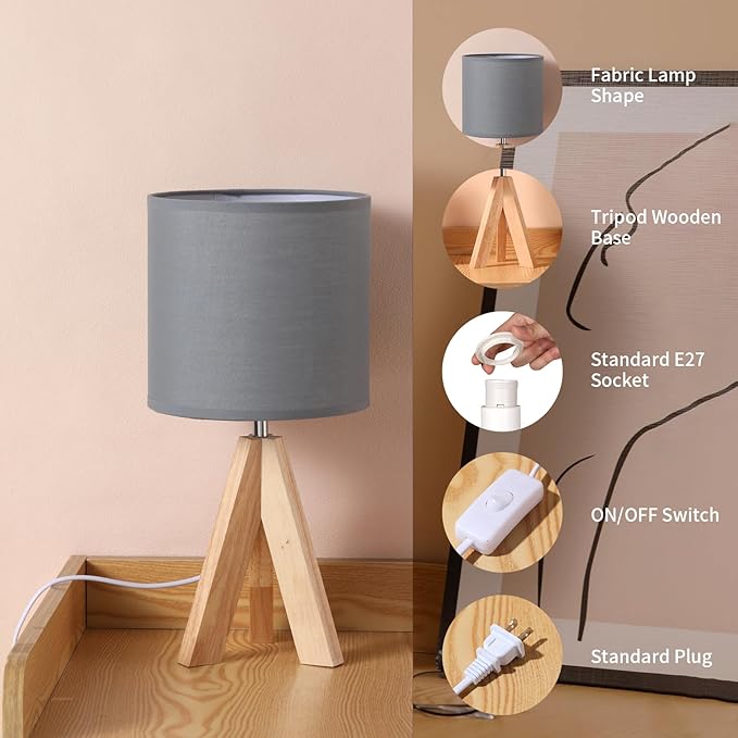 Table Lamp,Small Tripod Desk Lamp with Linen Fabric Lampshade,14.9",Tri-Color 5W Wooden Table Lamp for Living Room,Kids Room,Nursery (Grey)