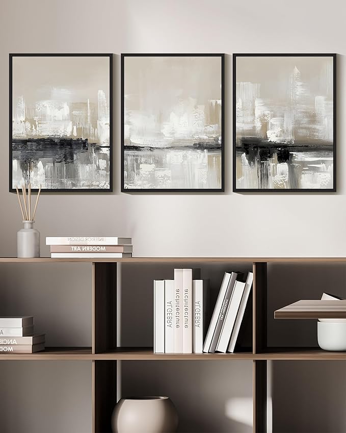 KUVIOKE Abstract Gray Framed Wall Art Neutral Brown Artwork Painting Morden Minimalist Wall Decor Rustic Home Decor 11x14in (Black Framed)