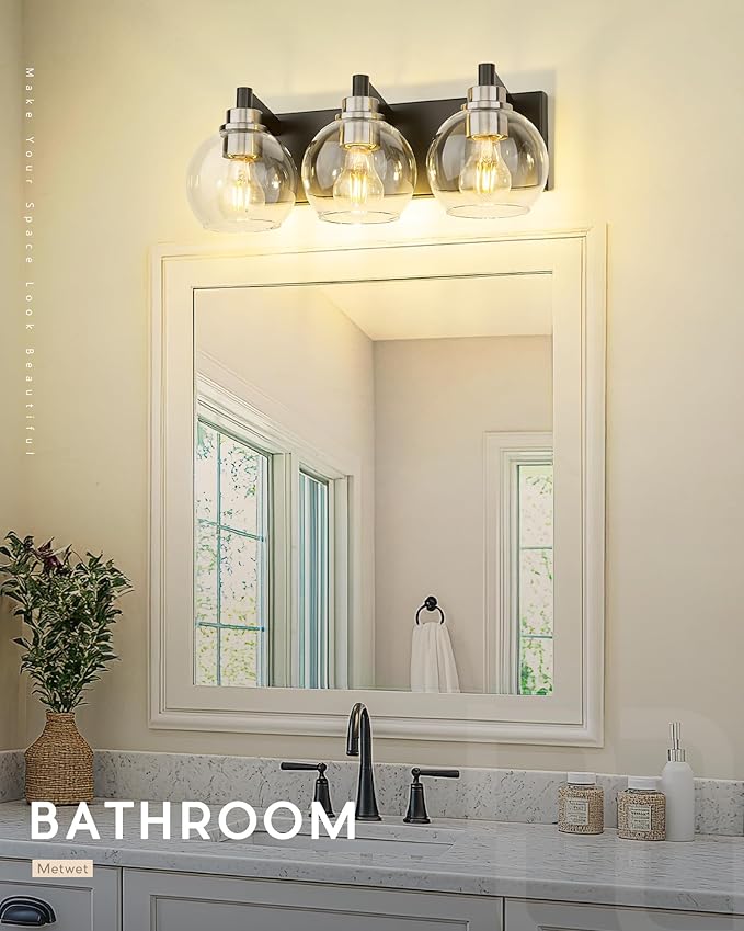 Bathroom Light Fixtures, 3-Light Black and Brushed Nickel Bathroom Vanity Light, Modern Wall Sconces with Globe Clear Glass Shade, Vanity Lighting Fixtures Over Mirror, VL195-KN-3