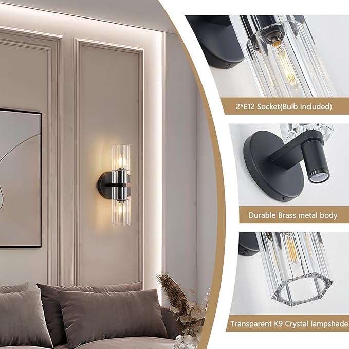 Black Crystal Wall Sconces, 13" Modern Brass Sconces Lighting with K9 Crystal Lampshade,Indoor Wall Sconce Bedroom Wall Light Fixtures for Living Room Bathroom Hallway Stairs Entryway