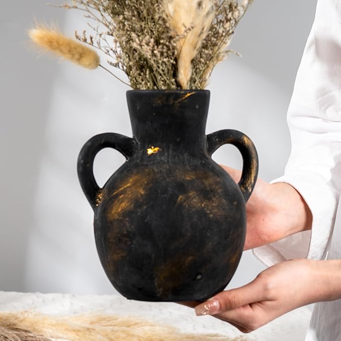 Rustic Ceramic Farmhouse Flower Vase with 2 Handles, Whitewashed Terra Cotta Vase, Decorative Pottery Flower for Home Decor, Table, Living Room, Shelf Decor, 7.3 Inch, Bronze