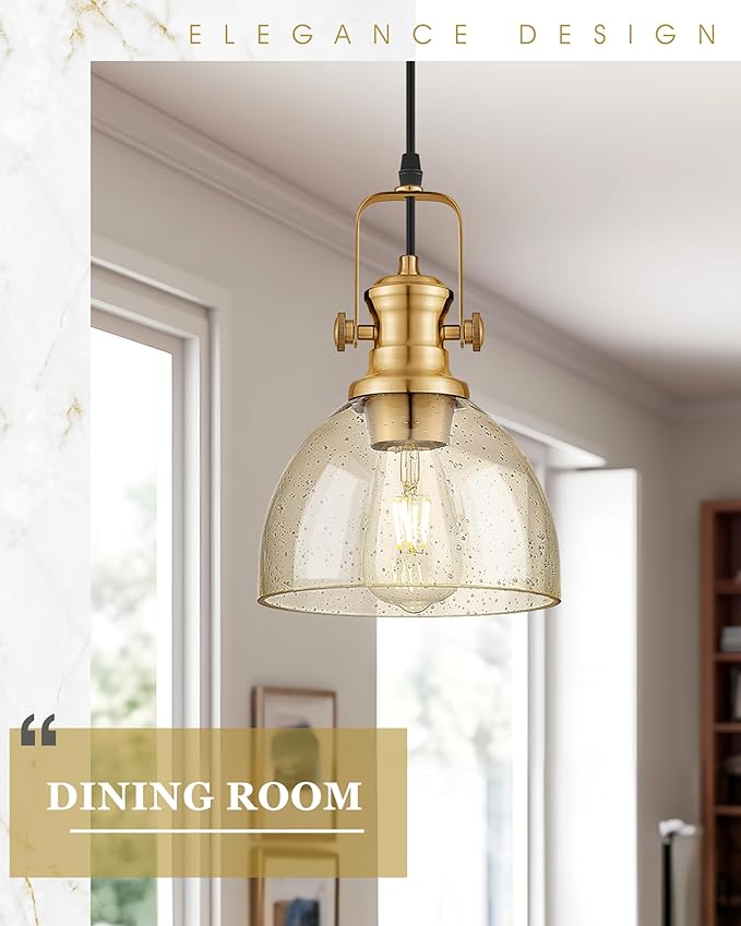 Pendant Lights Kitchen Island, 7.5" Farmhouse Pendant Lighting with Amber Seeded Glass Shade, Vintage Hanging Light Fixtures for Dining Room, Brushed Gold, AD-22151-1P-GD-OR