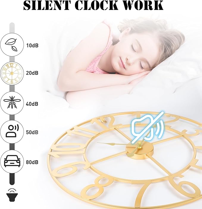 Large Wall Clock for Living Room Decor - 24 inch Big Decorative - Metal Wall Art - Analog Large Clock for Bedroom, Home, Kitchen, Office, Wall Decor