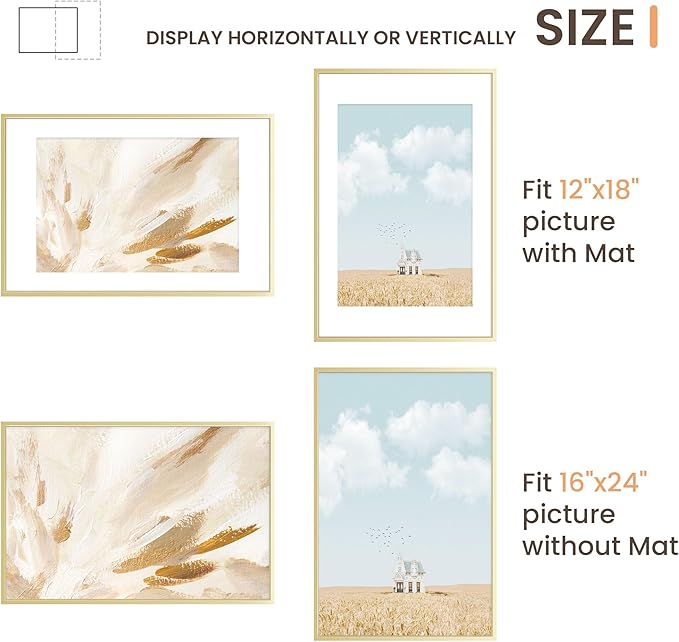 16x24 Metal Picture Frame, 16x24 Thin Aluminum Photo Frames with 12x18 Removable Mat, High End Metal Poster Frame, Ideal for Wall or Tabletop Display, Golden, Set of 1