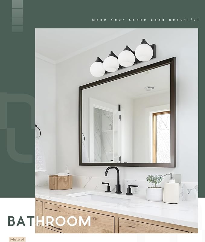 Bathroom Light Fixtures, 4 Light Matte Black Vanity Light, 26 Inch Modern Wall Sconces with Globe Milk White Glass Shade, Vanity Lighting Fixtures Over Mirror, VL195-MB-ML-4