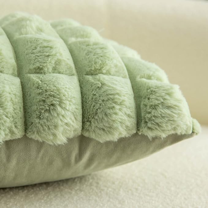 Neelvin Green Faux Fur Cozy Soft Plaid Decorative Throw Pillow Covers 24x24 inch Set of 2,Velvet Pillowcase Cushion Case for Sofa Couch