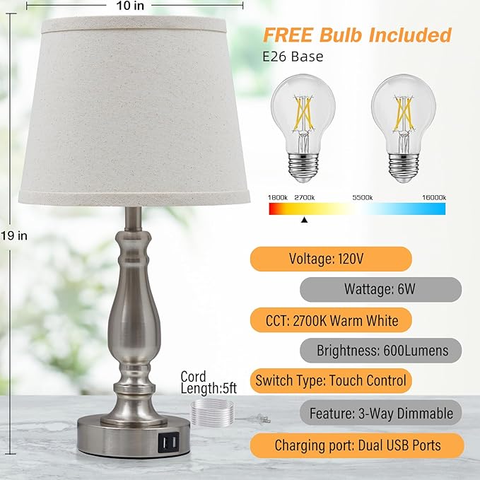 Lamps for Bedrooms Set of 2, Brushed Nickel Bedside Lamps with USB C+A Ports, 3 Way Dimmable Nightstand Lamps with Fabric Lampshade, Touch Table Lamp for Living Room Bedroom Office, Bulbs Included