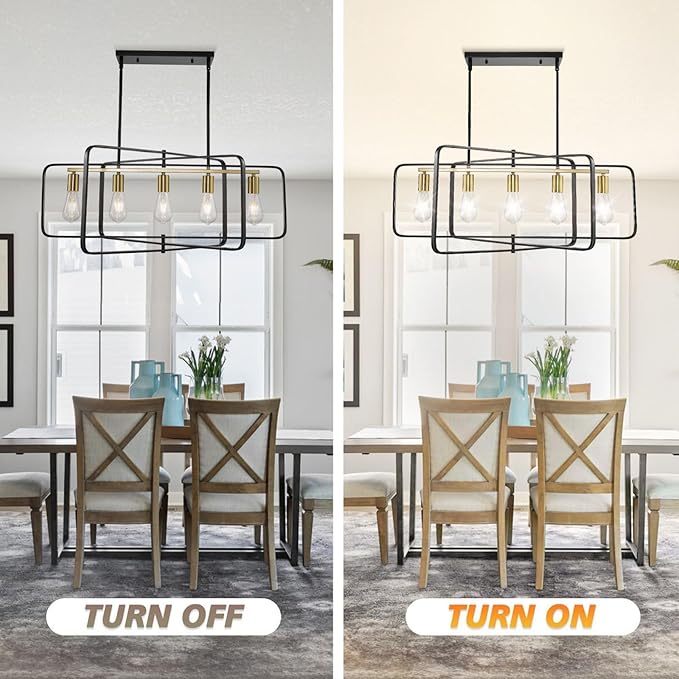 Black and Gold Farmhouse Chandeliers for Dining Room, 5-Light Kitchen Island Lighting, Rustic Rectangle Linear Pendant Lights, Large Dining Room Light Fixture/High Ceiling Chandelier Over Table