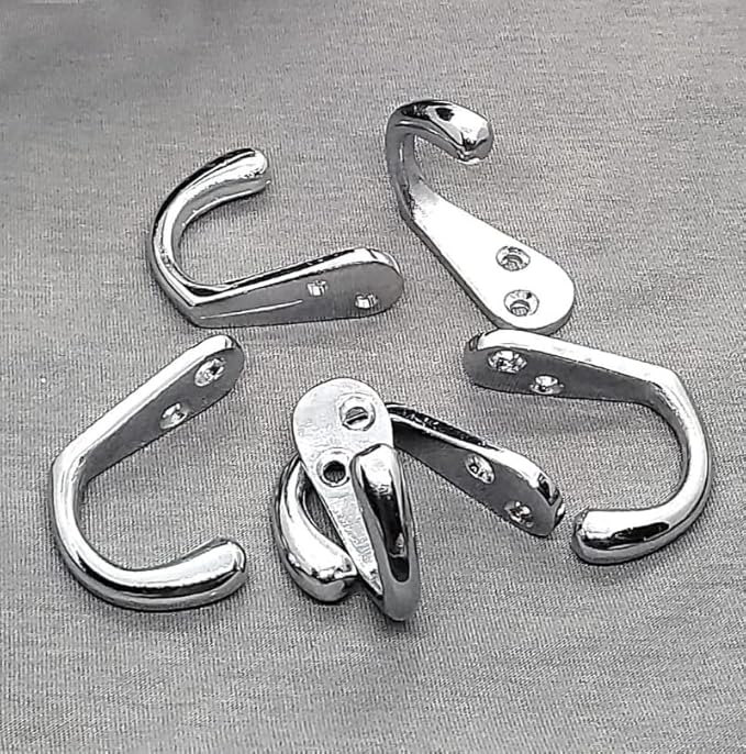 Multipurpose Hooks, Used to Hang Clothes, Bags, Coats, Curtain Hold Backs, Keys, Silver Colour, Material - White Metal, Screws and Wallplugs Included, Pack of 2 Pieces