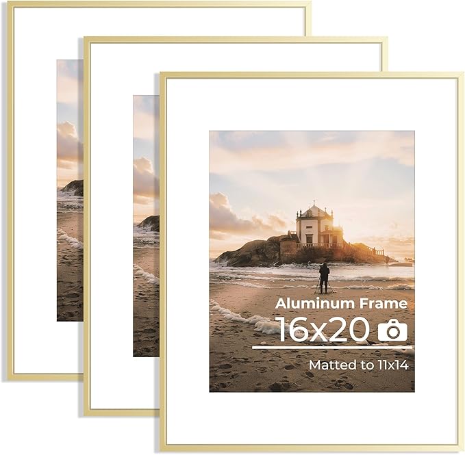 16x20 Metal Picture Frame Golden, Aluminum Poster Frame with Removable Mat for 11x14 Photo, 16 x 20 Thin Hanging Frames, Simple and Elegant Decor for Wall Mounting, set of 3
