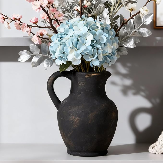 Ceramic Rustic Farmhouse Vase with Handle, Terracotta Vase, Minimalist Decorative Vases for Home Decor, Table, Living Room, Shelf, Christmas Decoration(Bronze)