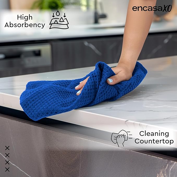 Encasa XO Kitchen Dish Towels Set | Blue | Waffle Weave and Flat Hand Tea Towel | 28"x18" | Quick Drying Reusable Cotton Washcloths | Multipurpose Lightweight Dishcloths Set of 4