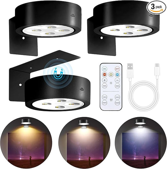 3-Pack Picture Lights for Wall, Rechargeable Battery Operated LED Painting Light with Remote Control Dimmable & Timer, 3 CCT Magnetic Art Display Lighting, Wireless Wall Decor Puck Light, Black