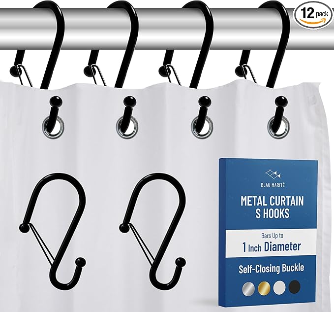 Set of 12 Black Metal S Hook Shower Hooks 1” – Closed, Heavy Duty, Long Decorative Shower Curtain Hooks, Easy Glide, Buckle, Large Rust Resistant Rings for Bathroom Rods (Black, S)