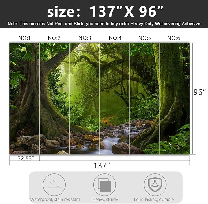 -Green Forest Landscapes Woodland Tree Fabric Wallpaper Living Room Bedroom Bathroom Flowing Jungle Wall Mural- 137"x96"（ not Peel and Stick）