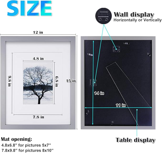 Egofine 11x14 Picture Frames, 4 Pack Display Pictures 5x7/8x10 with Mat or 11x14 Without Mat Made of Solid Wood Covered by Plexiglass for Table Top Display and Wall Mounting Photo Frame, Light Gray