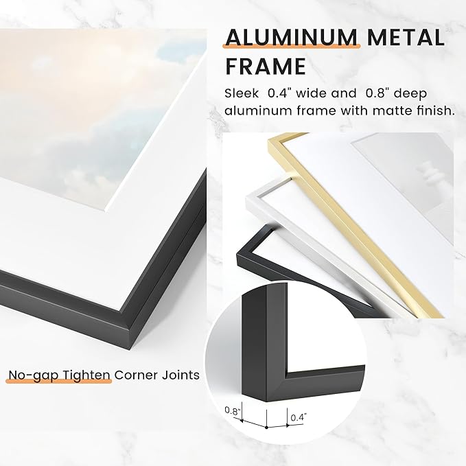 22x28 inch Metal Poster Frame - 22 x 28 Thin Aluminum Picture Frames Matted for 18x24 Photos, Artworks, Prints, Puzzle - High Definition Plexiglass - Vertical and Horizontal Display - Wall Hook Hanging Hardware Included - Black, Set of 4