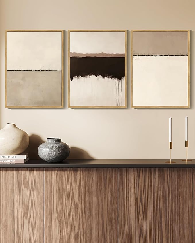 KUVIOKE Abstract Framed Wall Art Minimalist Beige Gray Pastel Watercolor Wall Decor Modern Illustration Neutral Art Painting Home Decor 11x14in (Natural Framed)