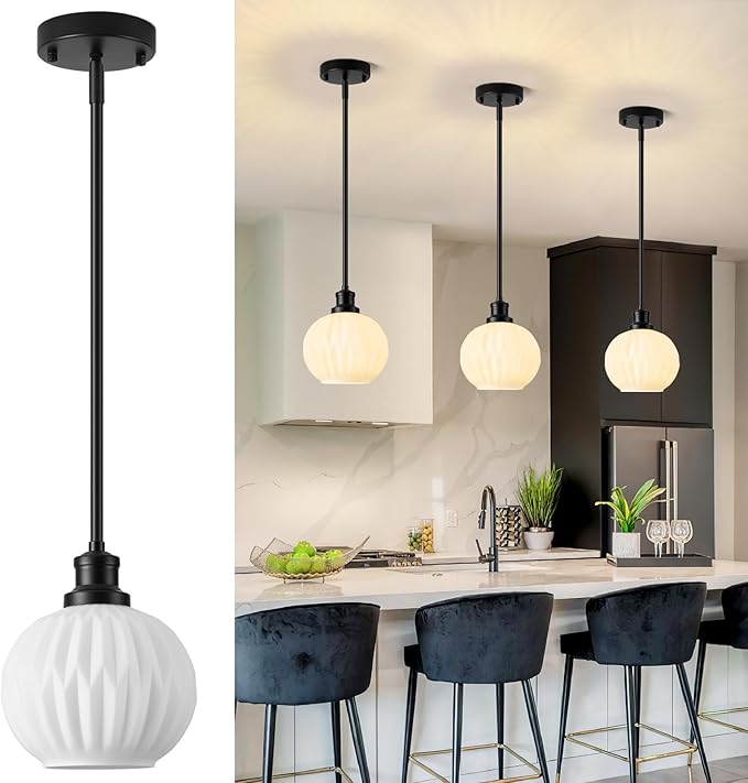 Milk Glass Pendant Lights Kitchen Island, 1-Light 7.1" Black Modern Pendant Light Fixtures with Rods, Globe Hanging Lighting for Kitchen Sink Bathroom Dining Room, E26 Base