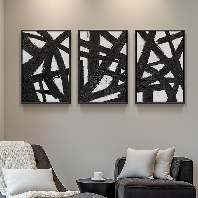 Framed Black and White Abstract Wall Art for Living Room, 3 Piece Modern Canvas Prints Artwork for Walls, Large Minimalist Lines Paintings for Bedroom, Kitchen, Office, Hallway Wall Decor, 24x36 Inch