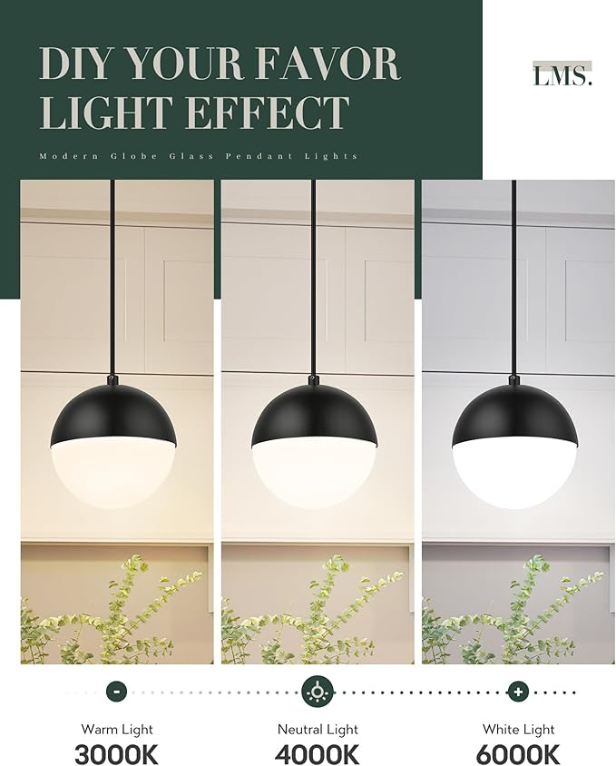LMS 6-inch Mid Century Pendant Light, Matte Black Pendant Light Fixtures with White Globe Glass, Adjustable Hanging Ceiling Light Fixtures for Dining Room Living Room Bedroom, LMS-186BKS