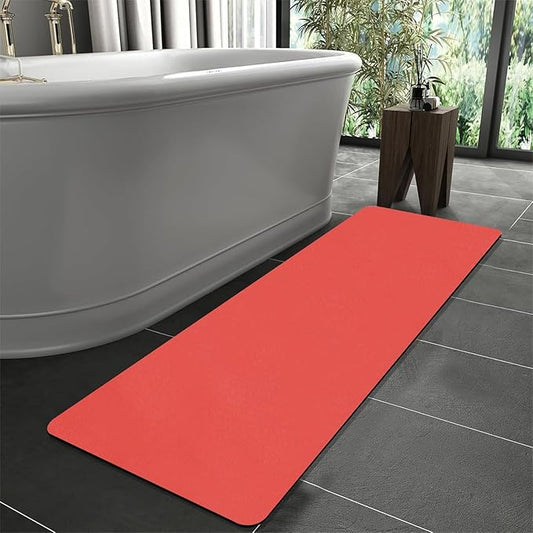 Extra Long Bathroom Rugs Diatomaceous Earth Bath mat Super Absorbent Quick Dry Non Slip Bath Mat Thin Runner Rug Fit Under Door-Shower Rug for in Front of Bathtub Shower, Red, 23.6"x47.2"