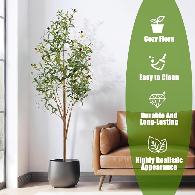 5FT Artificial Olive Tree Indoor, Tall Faux Olive Tree with Pot&Basket, Large Fake Olive Tree with Realistic 720 Silk Leaves and 40 Fruits for Living Room Home Office Decor