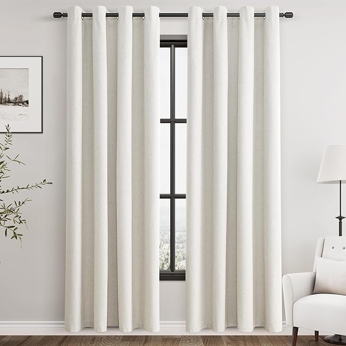 100% Blackout Linen Curtains for Bedroom Thermal Insulated Grommet Complete Blackout Drapes 80 Inch Length 2 Panels Set Heat and Full Light Blocking Living Room Darkening Curtains Natural