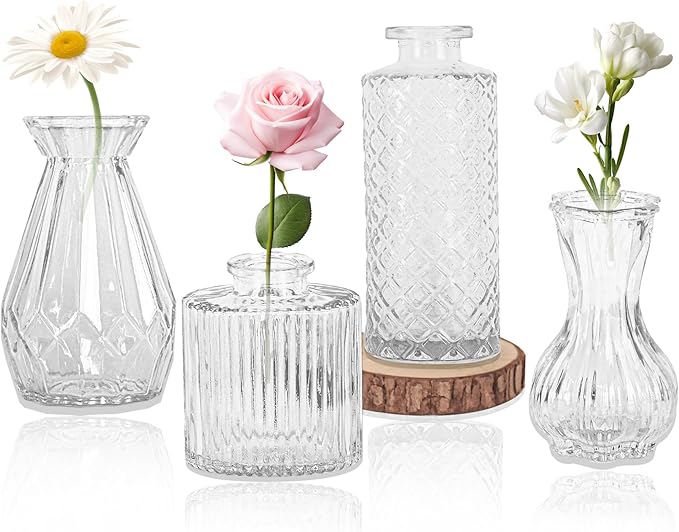Set of 4 Glass Bud Vase Set, Small Vintage Clear Flower Vase Centerpieces for Table Bulk Cute Rustic Style Mini Vase for Home Decor Wedding Baby Shower Birthday Party