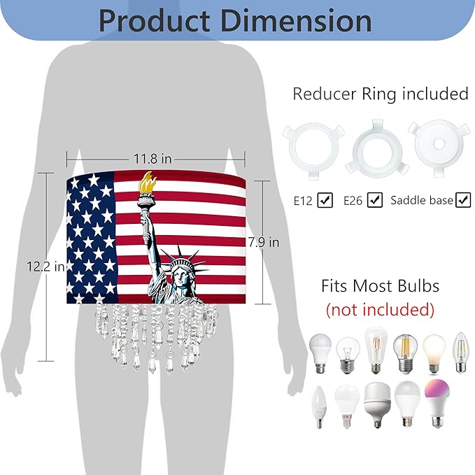 Star Vision Patriotic Fabric Lampshade with Beaded Droplets, American Flag & Statue of Liberty Design Light Shade for Pendant, Table, Wall & Floor Lamps, 4th of July Decor, Vintage Americana Lighting