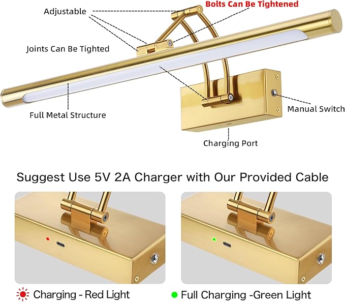 16“ Picture Lights for Wall Battery Operated, Wireless Picture Light with Remote, Rechargeable Wall Light 3000K/4000K/6000K Dimmable, Art Lighting for Paintings Frame Gallery Dartboard Light, Brass