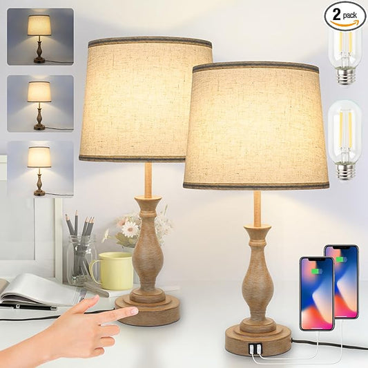 Touch Lamps for Bedrooms Set of 2, Farmhouse Table Lamp with Dual USB Charging Ports, 3 Way Dimmable Nightstand Lamps with Linen Fabric Lampshade for Bedroom (Pack 2-Beige Shade & Antique Brown)
