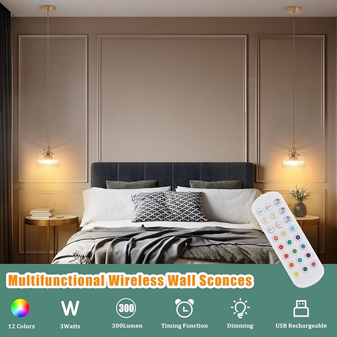 Battery Operated Pendant Light 5000mAh Rechargeable Chandelier with Remote Control Wireless Adjustable Hanging Clear Striped Light for Kitchen Island Dining Room Hallway, 2 Pack