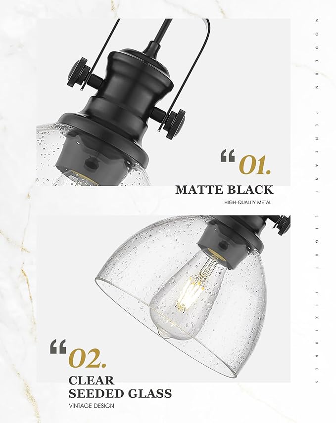 Black Pendant Lights Kitchen Island, 7.5" Farmhouse Pendant Lighting with Clear Seeded Glass Shade, Vintage Hanging Light Fixtures for Dining Room, AD-22151-1P-BK
