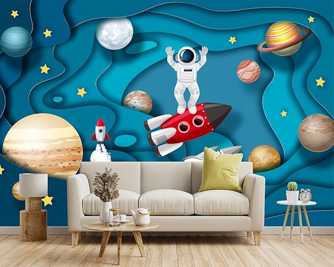 -Kindergarten Children Galactic Planet Fabric Wallpaper Living Room Bedroom Boys Girls Children Cartoon Astronauts Large Mural- 137"x96"（ not Peel and Stick）