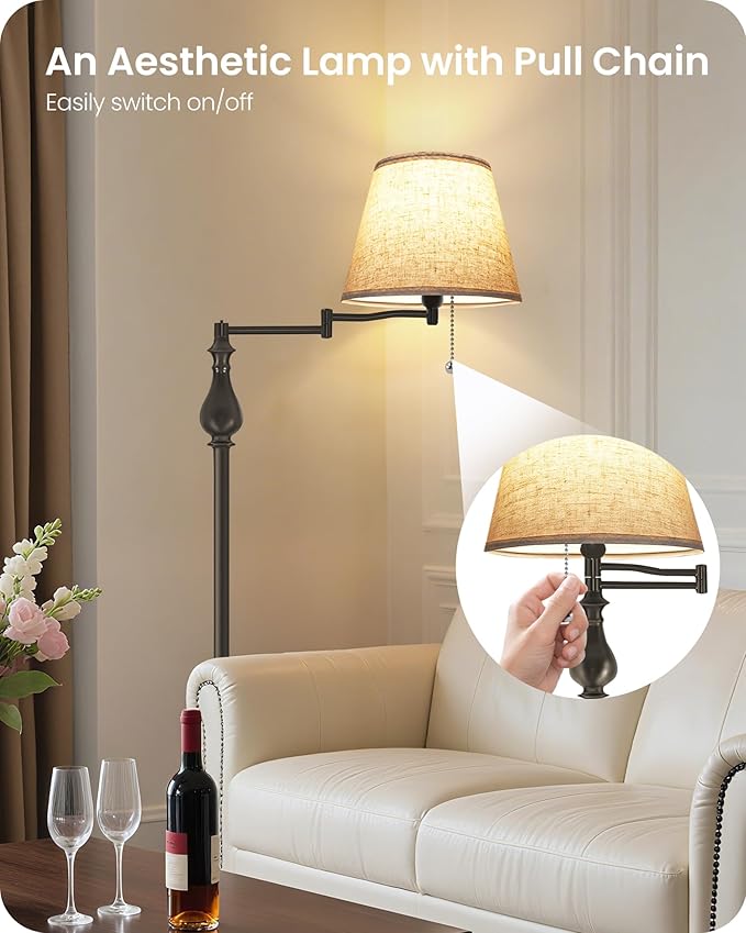 Vintage Floor Lamp with 350°Adjustable Swing Arm, 61” Mid-Century Modern Floor Lamp, Standing Pole Lamp with Pull Chain Switch, Antique Reading Lamp for Living Room, Bedroom, Office, Brown CE13LD05