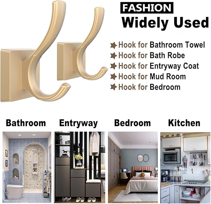 Gold Hooks for Wall Double Hooks, Heavy Duty Thick Bathroom Coat Hooks for Hanging Key Robe Hat Backpack, Wall Mount Hat Hooks Bath Towel Hooks(6 Pack, Gold)
