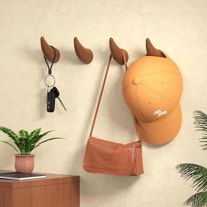 World’s Only - Unique Wall Hooks, 4 Pack Coat Hooks, Horn Shape Design, Decorative Bag Hooks, Cowboy Hat Rack for Wall – Natural, Space-Saving, Baseball Cap Organizer