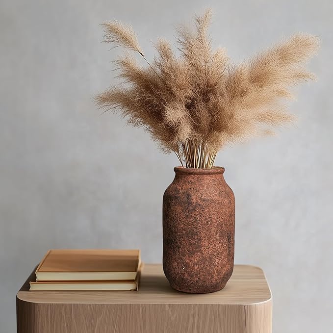 Terracotta Vase, Large Rustic Ceramic Vase, Farmhouse Decor for Living Room, Shelf, Mantle, Entryway, Room Decor, 9 Inch, Brown