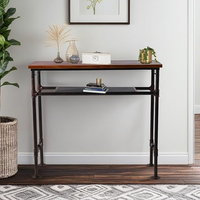 Industrial Rectangle Bar Table for 4-5 People 41.3inch Height Rustic Pipe Design Dining Table Office Meeting Computer Desk Narrow Display Stand in Hallway with 2 Tier Storage