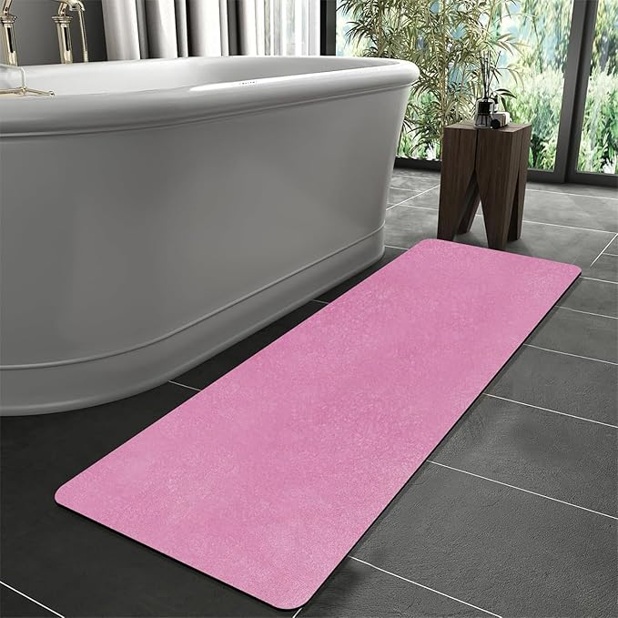 Extra Long Bathroom Rugs Diatomaceous Earth Bath mat Super Absorbent Quick Dry Non Slip Bath Mat Thin Runner Rug Fit Under Door-Shower Rug for in Front of Bathtub Shower, Pink, 23.6"x47.2"