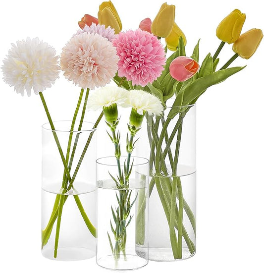 3 PCS Modern Glass Cylinder Vases Set (6/8/10 Inch) – Elegant Bud Vases, Floating Candle Holders & Wedding Centerpiece Displays for Home Decor, Holidays, Housewarming Gifts