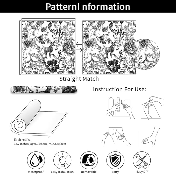 Black and White Peel and Stick Wallpaper Removable Floral Wallpaper Wild Animal and Floral Contact Paper Self-Adhesive Wall Paper Furniture Wall Shelf Drawer Liner Countertop 236.2"X17.71"