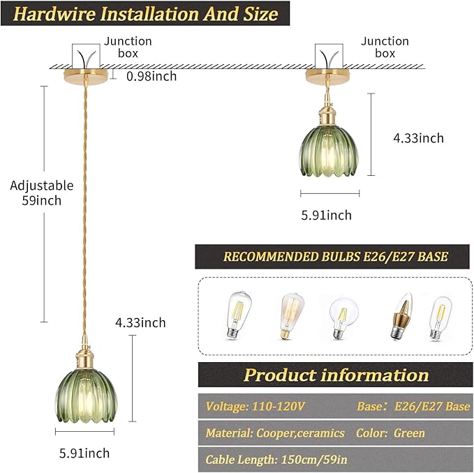 Mini Pendant Light 2 Pack with Green Tulip Glass Lmapshade, Brass Vintage Pendant Light Adjustable Hanging Light for Kitchen Island Dining Room Hallway