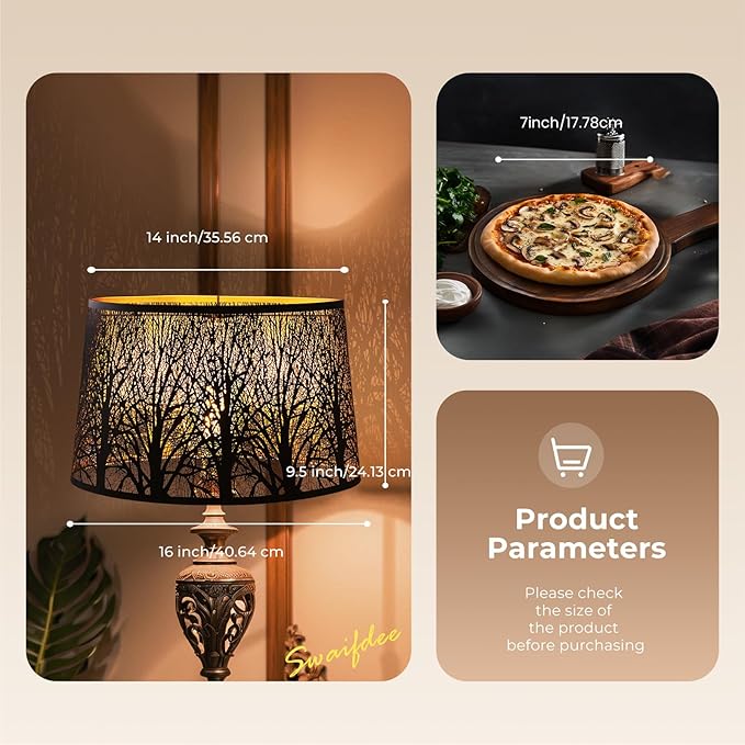 Large Oval Etched Metal Lampshade with Forest Pattern, (14×8.5)" Top x (16×10.5)" Bottom x 9.5" High, lron Cover Lamp Shade for Table Lamps, Floor Lamps Replacement (Antique Black and Gold)