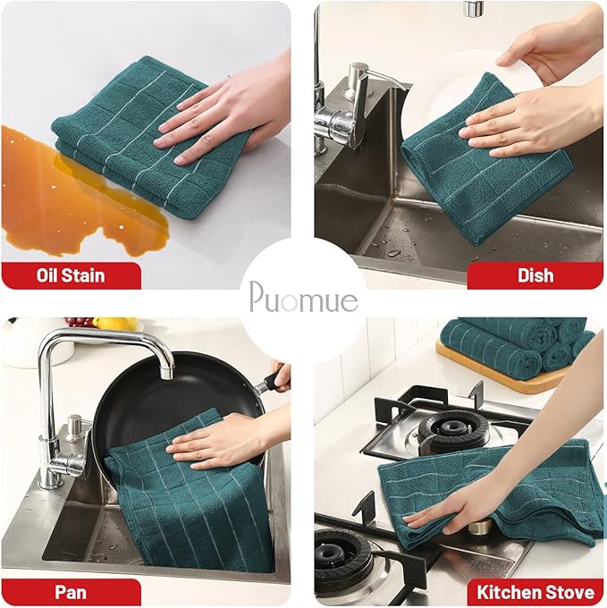 Microfiber Kitchen Towels and Dishcloths Set, 26 X 18 Inch and 12 X 12 Inch, Set of 12 Bulk Lint Free Dish Towels for Drying Dishes, Dark Green