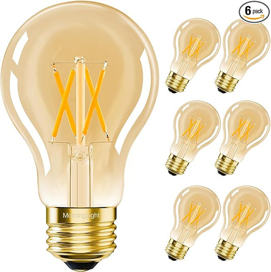 MorningLight 6 Pack Dimmable A19 LED Edison Bulbs 60W Equivalent, 6W 2700K Warm White Vintage LED Light Bulbs, A19 Classic Decorative Amber E26 Light Bulb 60W for Pendant, Sputnik Chandelier, 600LM